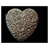 Unmarked Embossed Heart Brooch with Floral Scrollwork - 2.2 Inches