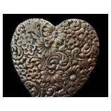 Unmarked Embossed Heart Brooch with Floral Scrollwork - 2.2 Inches