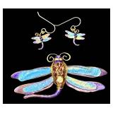Dragonfly Brooch & Earrings Set - Gold Tone Enamel Wings with Purple Beads