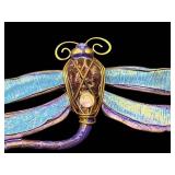 Dragonfly Brooch & Earrings Set - Gold Tone Enamel Wings with Purple Beads