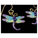 Dragonfly Brooch & Earrings Set - Gold Tone Enamel Wings with Purple Beads