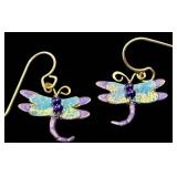 Dragonfly Brooch & Earrings Set - Gold Tone Enamel Wings with Purple Beads
