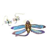 Dragonfly Brooch & Earrings Set - Gold Tone Enamel Wings with Purple Beads