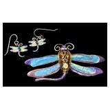 Dragonfly Brooch & Earrings Set - Gold Tone Enamel Wings with Purple Beads