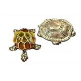 Two Turtle Brooches - Silver-Tone Rhinestone Turtle Pin & Multicolor Enamel Turtle Pin