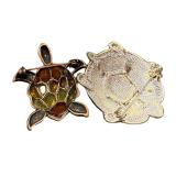 Two Turtle Brooches - Silver-Tone Rhinestone Turtle Pin & Multicolor Enamel Turtle Pin