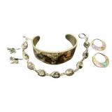 Abalone Shell Jewelry Lot - Cuff Bracelet Abalone Inlaid Bracelet & 2 Pairs of Earrings (Lot of 4)