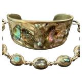 Abalone Shell Jewelry Lot - Cuff Bracelet Abalone Inlaid Bracelet & 2 Pairs of Earrings (Lot of 4)