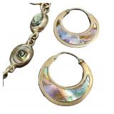 Abalone Shell Jewelry Lot - Cuff Bracelet Abalone Inlaid Bracelet & 2 Pairs of Earrings (Lot of 4)