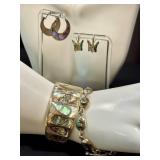 Abalone Shell Jewelry Lot - Cuff Bracelet Abalone Inlaid Bracelet & 2 Pairs of Earrings (Lot of 4)