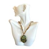 Mother of Pearl Beads Necklace with Oval Green Turquoise Stone Pendant, 18-Inch