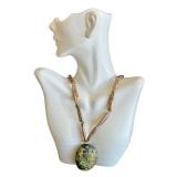Mother of Pearl Beads Necklace with Oval Green Turquoise Stone Pendant, 18-Inch