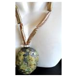 Mother of Pearl Beads Necklace with Oval Green Turquoise Stone Pendant, 18-Inch