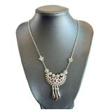 Sterling Silver Marcasite Necklace with Pink Gemstone Pendant - Adjustable 18-20 Inches