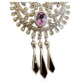 Sterling Silver Marcasite Necklace with Pink Gemstone Pendant - Adjustable 18-20 Inches