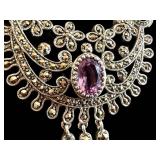 Sterling Silver Marcasite Necklace with Pink Gemstone Pendant - Adjustable 18-20 Inches