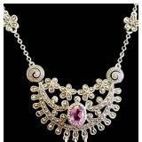 Sterling Silver Marcasite Necklace with Pink Gemstone Pendant - Adjustable 18-20 Inches