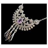 Sterling Silver Marcasite Necklace with Pink Gemstone Pendant - Adjustable 18-20 Inches