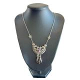 Sterling Silver Marcasite Necklace with Pink Gemstone Pendant - Adjustable 18-20 Inches