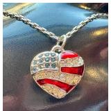 American Flag Heart Pendant Necklace with Crystals - Two Pendants
