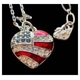 American Flag Heart Pendant Necklace with Crystals - Two Pendants