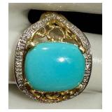 14K Gold Turquoise Ring with Diamond Accent - Size 7.25