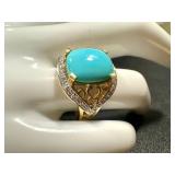 14K Gold Turquoise Ring with Diamond Accent - Size 7.25