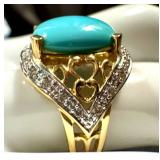 14K Gold Turquoise Ring with Diamond Accent - Size 7.25