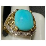 14K Gold Turquoise Ring with Diamond Accent - Size 7.25