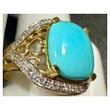 14K Gold Turquoise Ring with Diamond Accent - Size 7.25