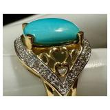 14K Gold Turquoise Ring with Diamond Accent - Size 7.25