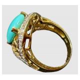 14K Gold Turquoise Ring with Diamond Accent - Size 7.25