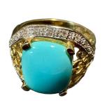 14K Gold Turquoise Ring with Diamond Accent - Size 7.25