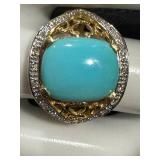 14K Gold Turquoise Ring with Diamond Accent - Size 7.25