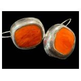 Sterling Silver Earrings with Orange-Red Spiny Oyster Cabochons (Pair)