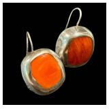 Sterling Silver Earrings with Orange-Red Spiny Oyster Cabochons (Pair)