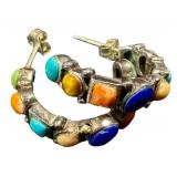Sterling Silver Multi-Stone Hoop Earrings - Coral, Lapis & Turquoise, 1-Inch