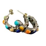 Sterling Silver Multi-Stone Hoop Earrings - Coral, Lapis & Turquoise, 1-Inch