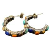 Sterling Silver Multi-Stone Hoop Earrings - Coral, Lapis & Turquoise, 1-Inch