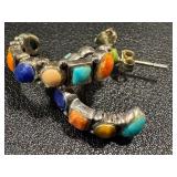 Sterling Silver Multi-Stone Hoop Earrings - Coral, Lapis & Turquoise, 1-Inch