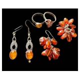 Vintage Amber Jewelry Set - Two Rings (Size 7 & 7.5) & Two Pairs of Earrings