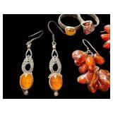 Vintage Amber Jewelry Set - Two Rings (Size 7 & 7.5) & Two Pairs of Earrings