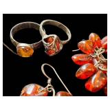 Vintage Amber Jewelry Set - Two Rings (Size 7 & 7.5) & Two Pairs of Earrings