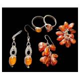 Vintage Amber Jewelry Set - Two Rings (Size 7 & 7.5) & Two Pairs of Earrings