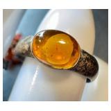 Vintage Amber Jewelry Set - Two Rings (Size 7 & 7.5) & Two Pairs of Earrings
