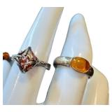 Vintage Amber Jewelry Set - Two Rings (Size 7 & 7.5) & Two Pairs of Earrings
