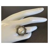 Sterling Silver Marcasite Faux Pearl Ring - Size 7