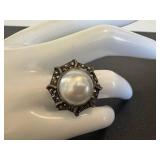 Sterling Silver Marcasite Faux Pearl Ring - Size 7