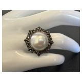 Sterling Silver Marcasite Faux Pearl Ring - Size 7