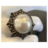 Sterling Silver Marcasite Faux Pearl Ring - Size 7